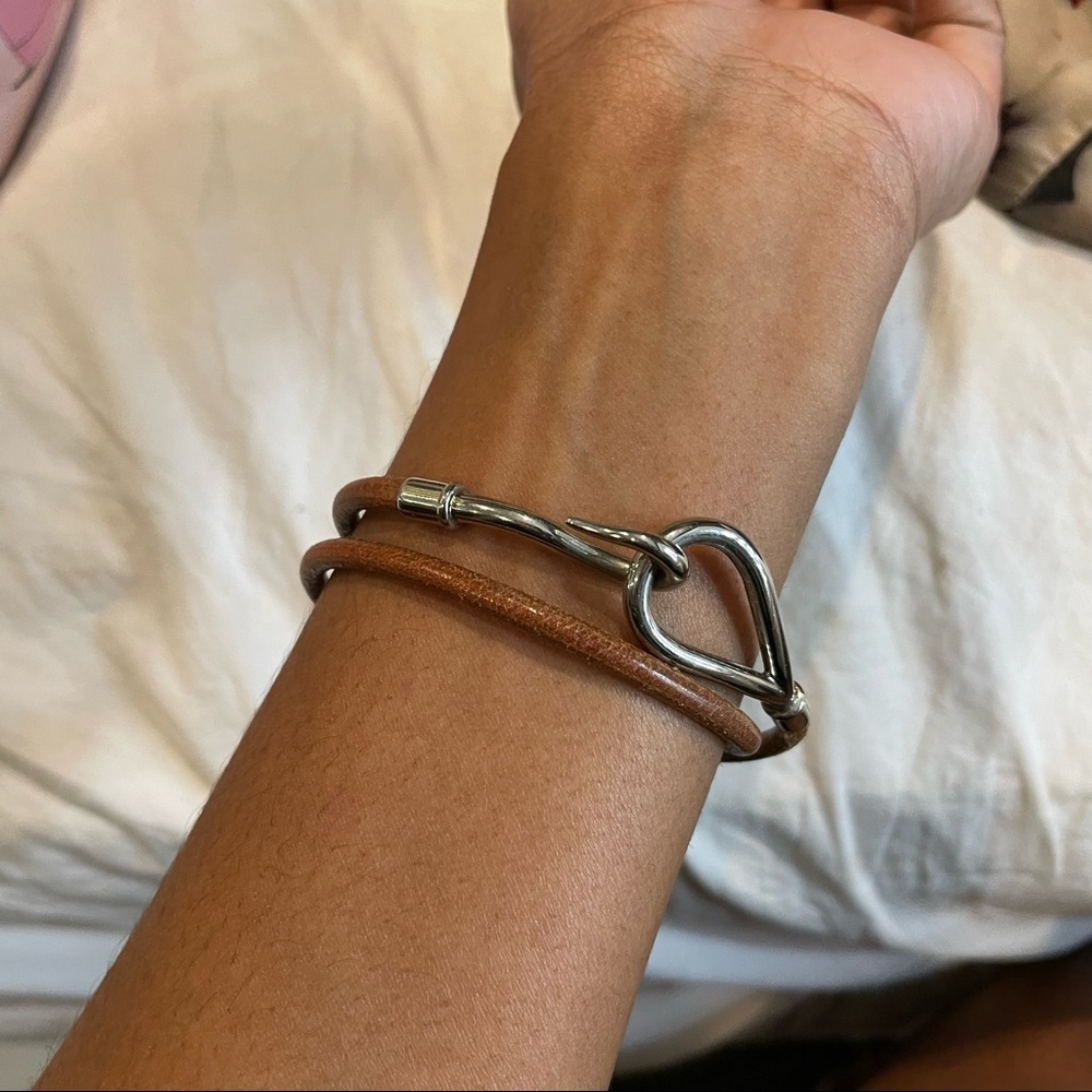 AUTHENTIC Hermès Jumbo Double Wrap Siver & Brown Leather Bangle Bracelet